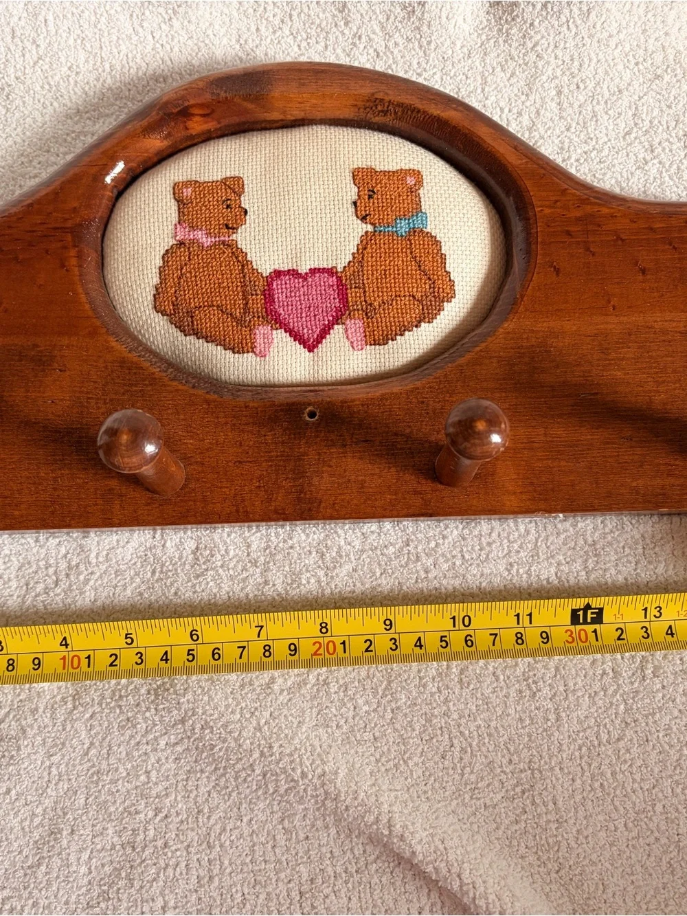 Handcrafted Brown Teddy Bears Cross-Stitch Wall Decor with Pink Heart